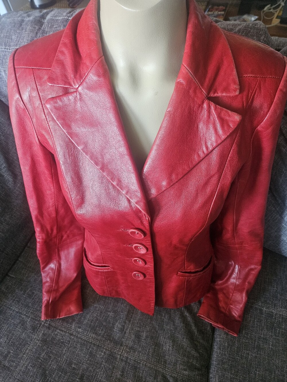 Vintage Danier Red Leather Button Up Blazer Jacket. 16ptp. 2xs